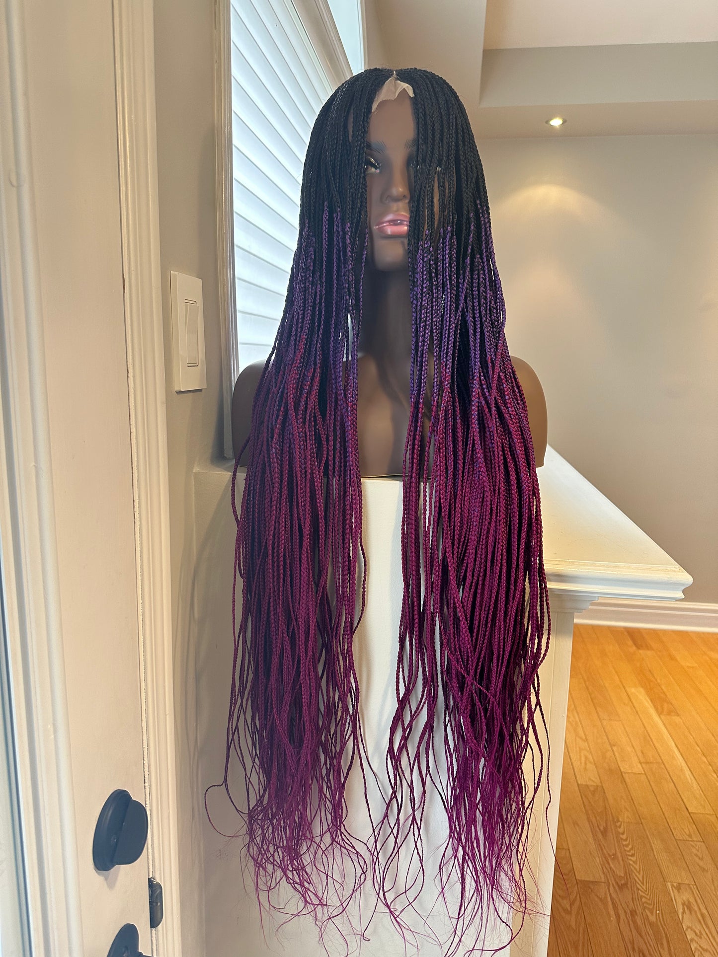 Black, Pink and Purple Ombre Braided Wig with Centre Part Closure
