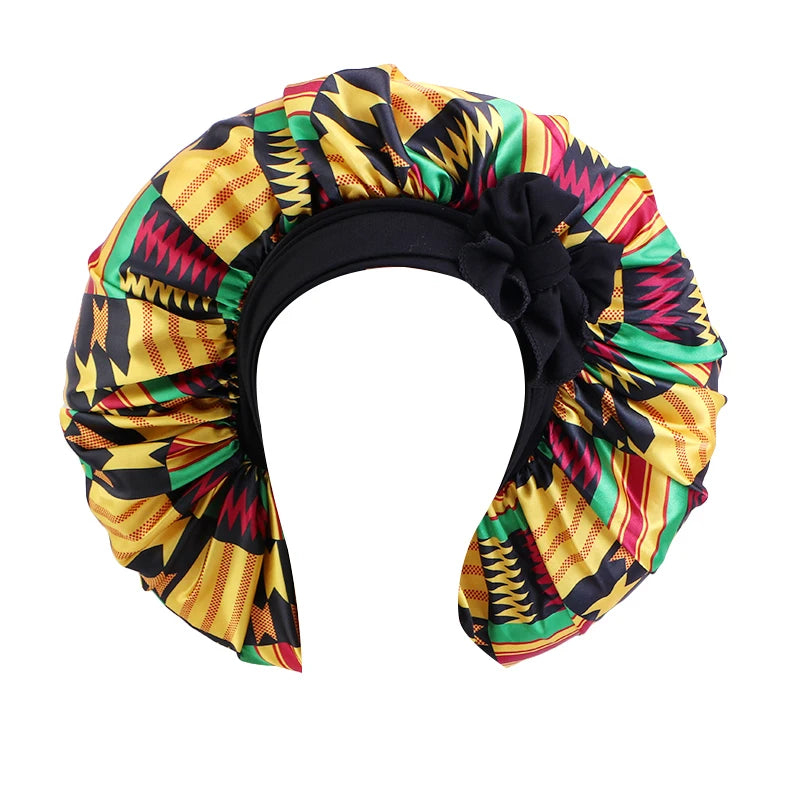 Large Satin Sleeping Cap for Women - Ankara Print Bonnet with Wide Stretch Band
